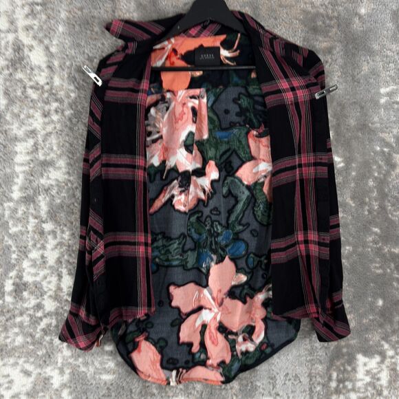 Guess Womens Size XS Plaid Floral Button Shirt Pink Black Long Sleeve Button - Picture 4 of 9